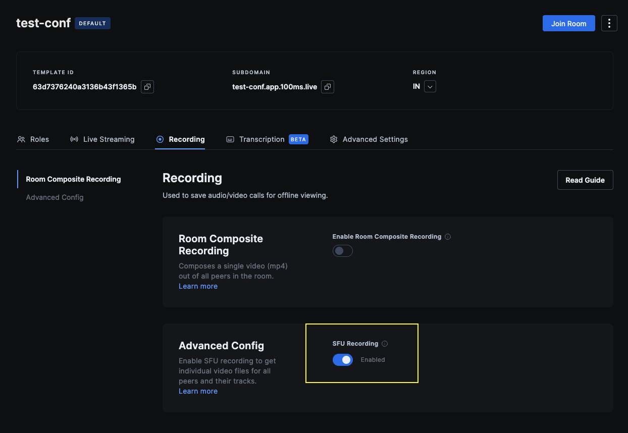 SFU recording on 100ms Dashboard