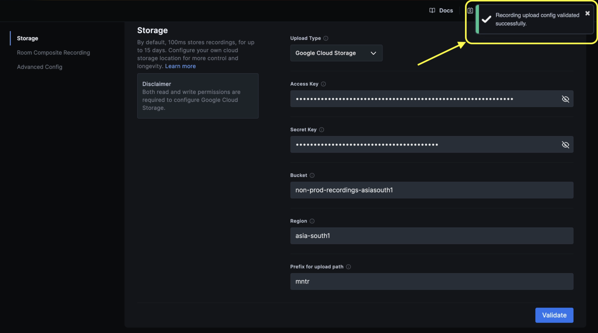 Recording storage validation